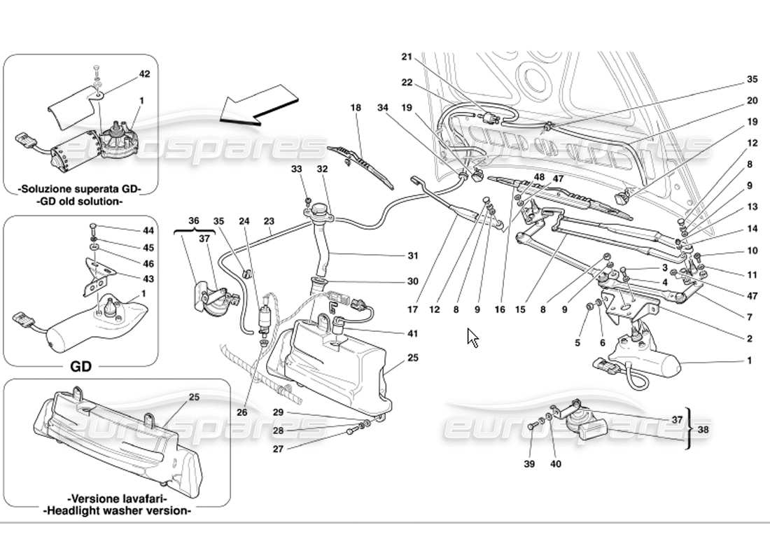 Ferrari 360 Modena Windshield, Glass Washer and Horns Parts Diagram