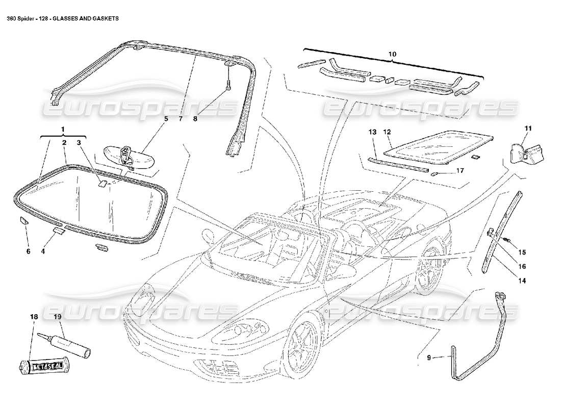 Ferrari 360 Spider Glasses and Gaskets Parts Diagram