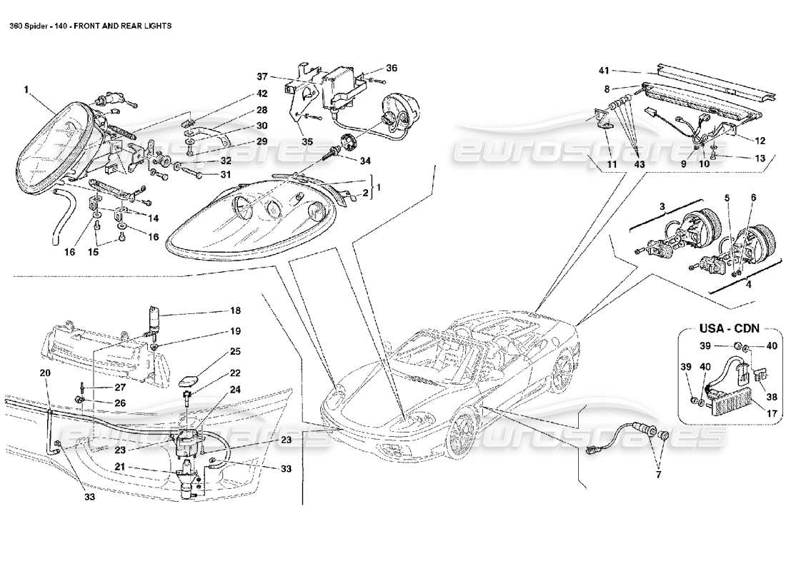 Ferrari 360 Spider Front and Rear Lights Parts Diagram