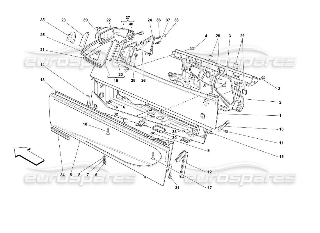 Ferrari 355 (2.7 Motronic) Doors - Framework and Rear Mirror Part Diagram