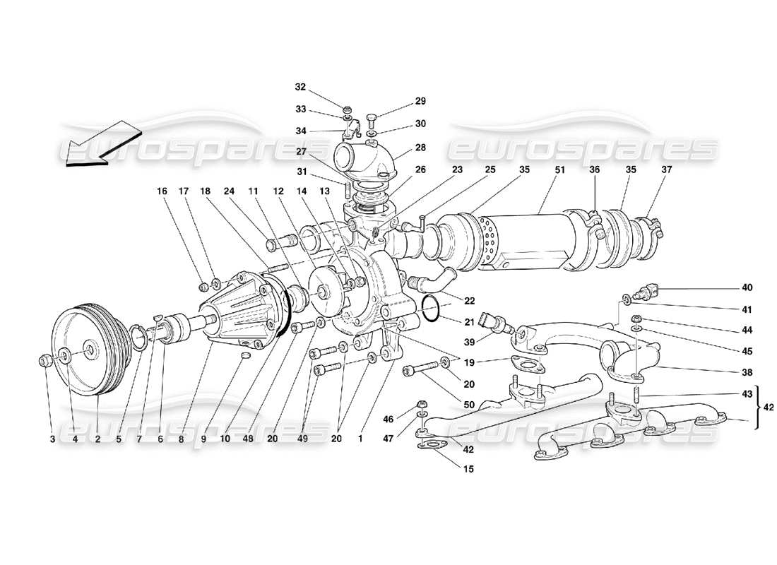 Ferrari 355 (5.2 Motronic) Water Pump and Oil-Water Heat Exchanger Parts Diagram