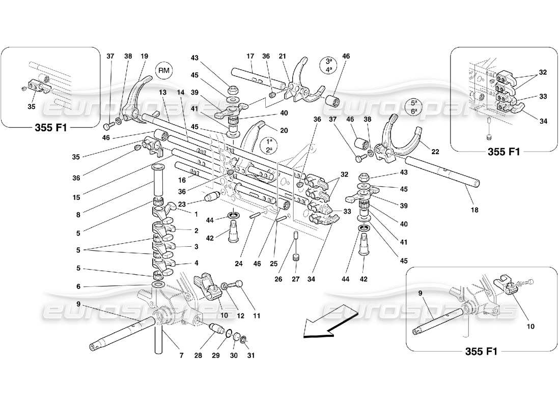 Ferrari 355 (5.2 Motronic) Inside Gearbox Controls Part Diagram