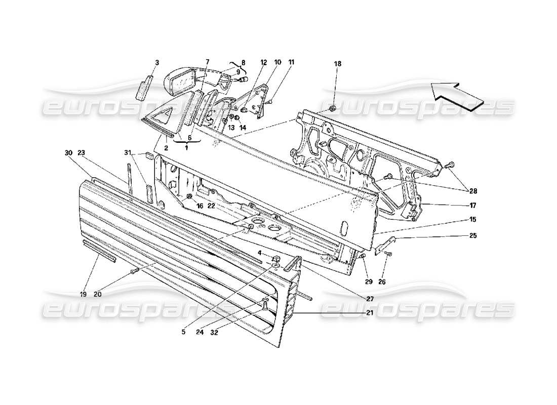 Ferrari 348 (2.7 Motronic) Doors - Framework and Rear Mirror Parts Diagram