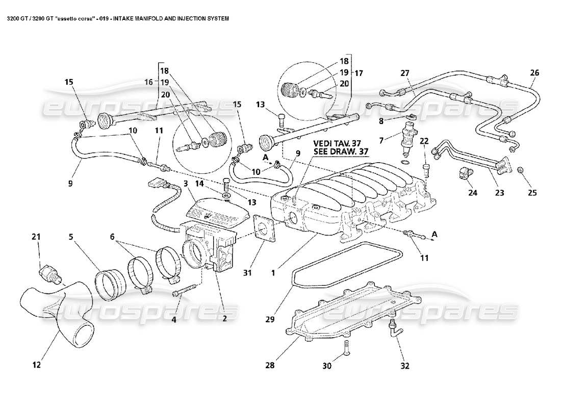Maserati 3200 GT/GTA/Assetto Corsa Intake Manifold & Injection Parts Diagram