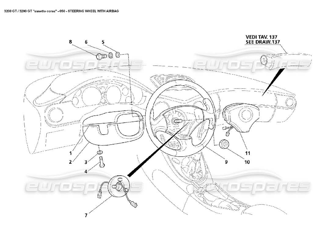 Maserati 3200 GT/GTA/Assetto Corsa Steering Wheel & Airbag Parts Diagram