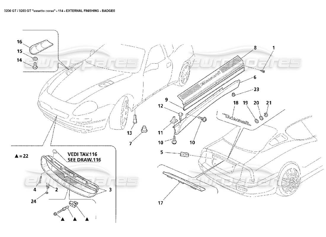 Maserati 3200 GT/GTA/Assetto Corsa External Finishing: Badges Parts Diagram