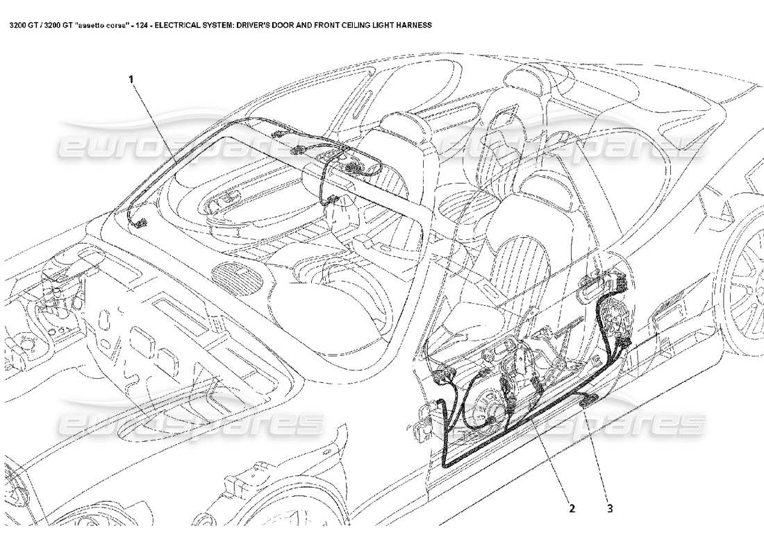 Maserati 3200 GT/GTA/Assetto Corsa Electrical: Driver's Door & Front Ceiling Light Harness Parts Diagram