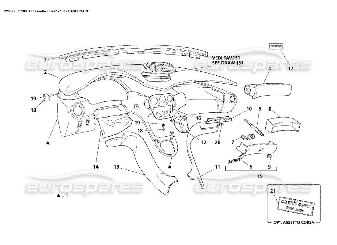 Maserati 3200 GT/GTA/Assetto Corsa DASHBOARD Parts Diagram