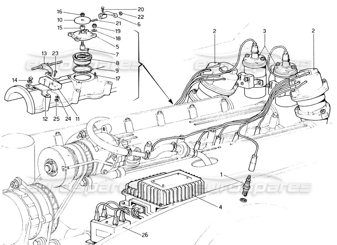 Ferrari 365 GTB4 Daytona (1969) Ignition System (1972 Revision) Parts Diagram