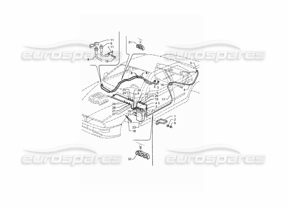 Maserati QTP V8 (1998) Evaporation Vapours Recovery System and Fuel Pipes (LHD) Part Diagram