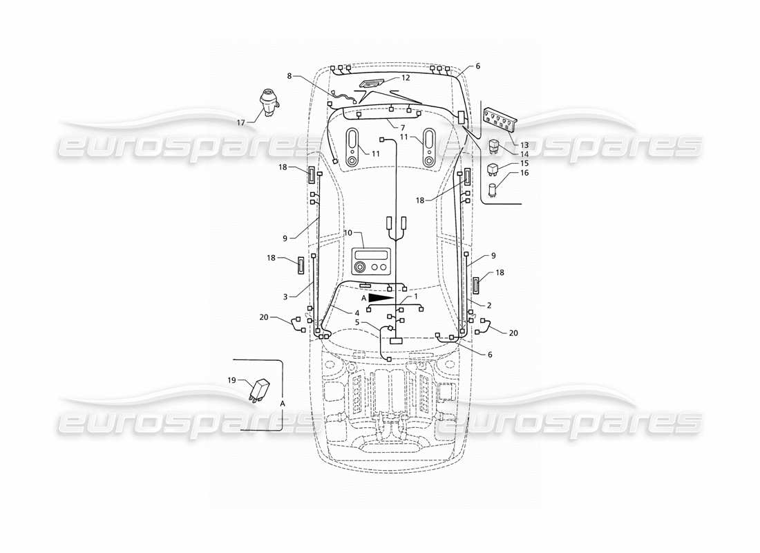 Maserati QTP V8 (1998) Electrical System: Boot-Doors-Passanger Compartment (RHD) Part Diagram