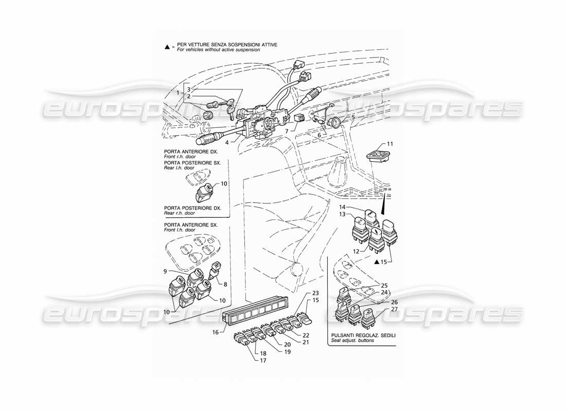 Maserati QTP V8 (1998) Switches and Steering Lock (LHD) Part Diagram