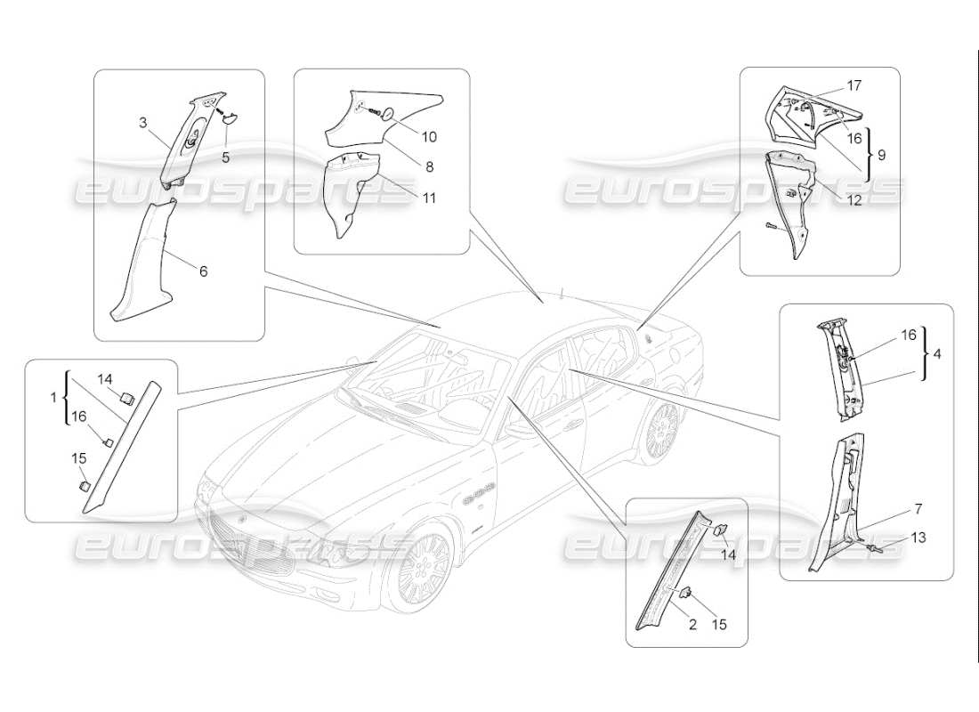 Maserati QTP. (2007) 4.2 F1 PASSENGER COMPARTMENT B PILLAR TRIM PANELS AND SIDE PANELS Parts Diagram