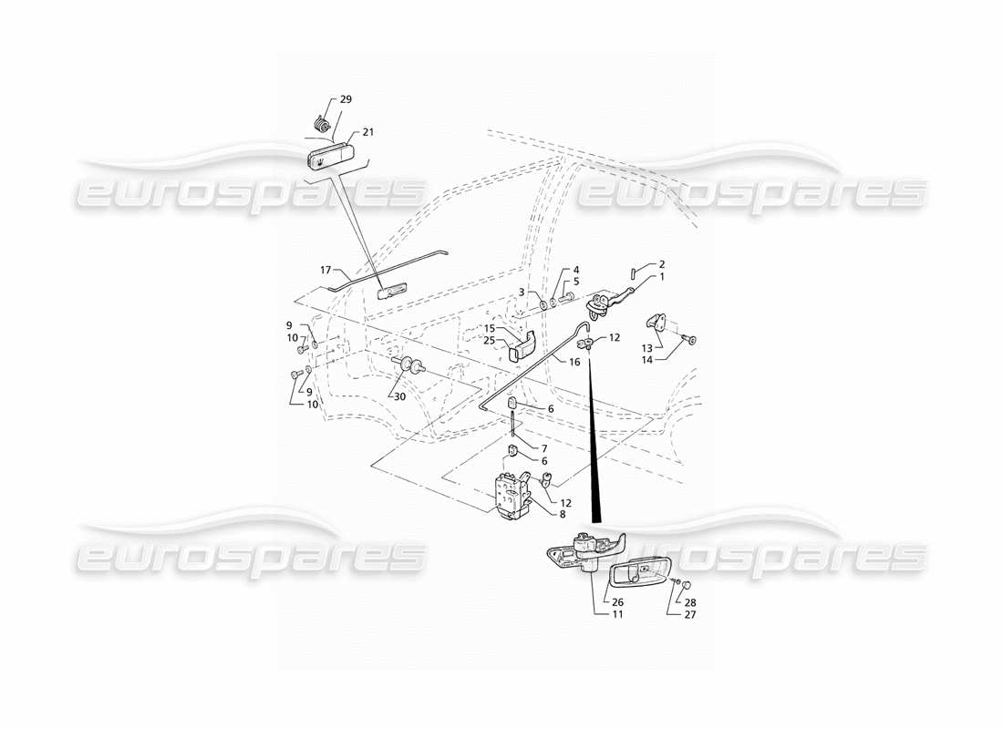 Maserati QTP V6 (1996) Rear Doors: Hinges and Inner Controls Parts Diagram
