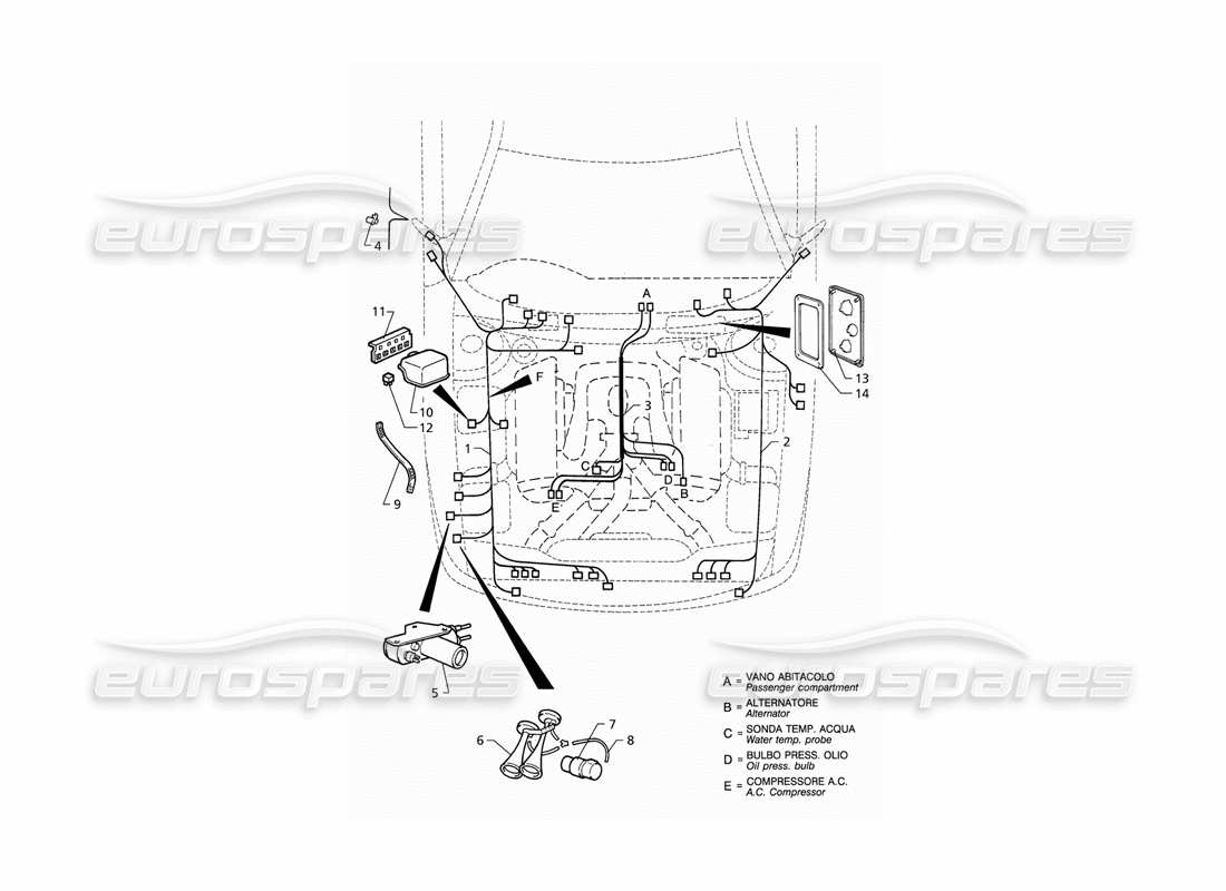 Maserati QTP V6 (1996) Electrical System: Engine Compartment (RHD) Parts Diagram