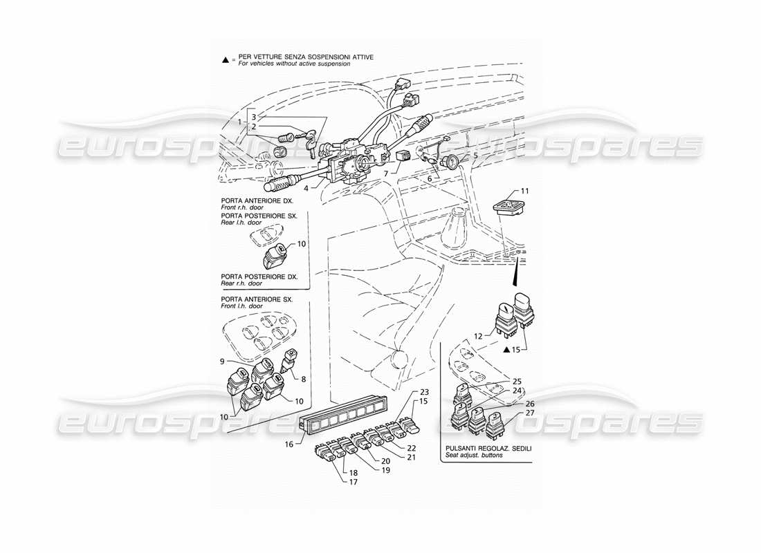 Maserati QTP V6 (1996) Switches and Steering Lock (LHD) Parts Diagram