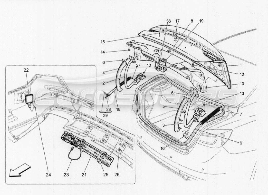 Maserati QTP. V8 3.8 530bhp Auto 2015 REAR LID Parts Diagram