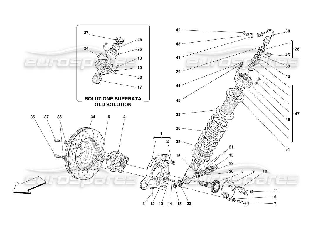 Ferrari 550 Maranello Front Suspension - Shock Absorber and Brake Disc Parts Diagram