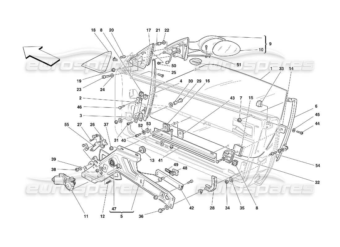 Ferrari 550 Maranello Doors - Power Window and Rearview Mirror Parts Diagram