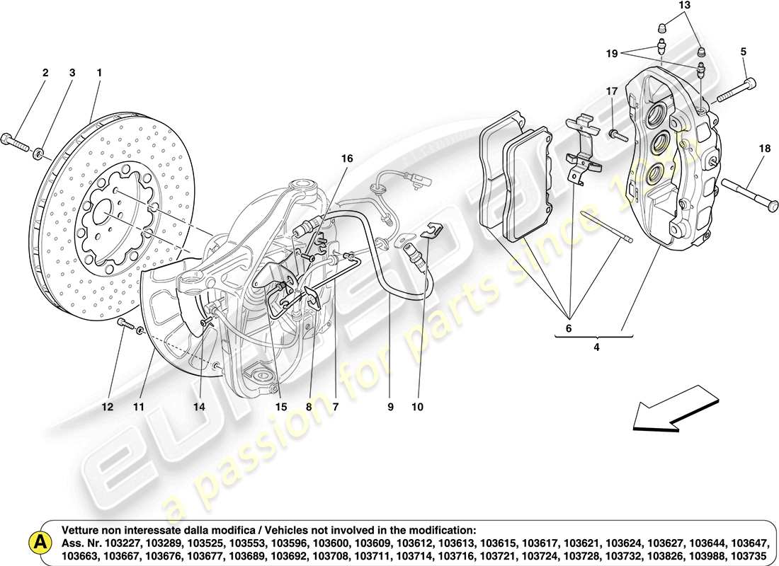 Ferrari California (Europe) FRONT WHEEL BRAKE SYSTEM COMPONENTS Parts Diagram
