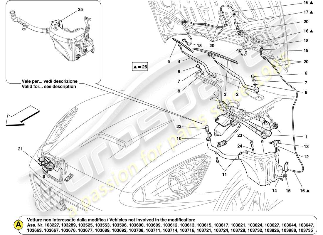 Ferrari California (Europe) Windscreen Wiper, Windscreen Washer and Horns Parts Diagram