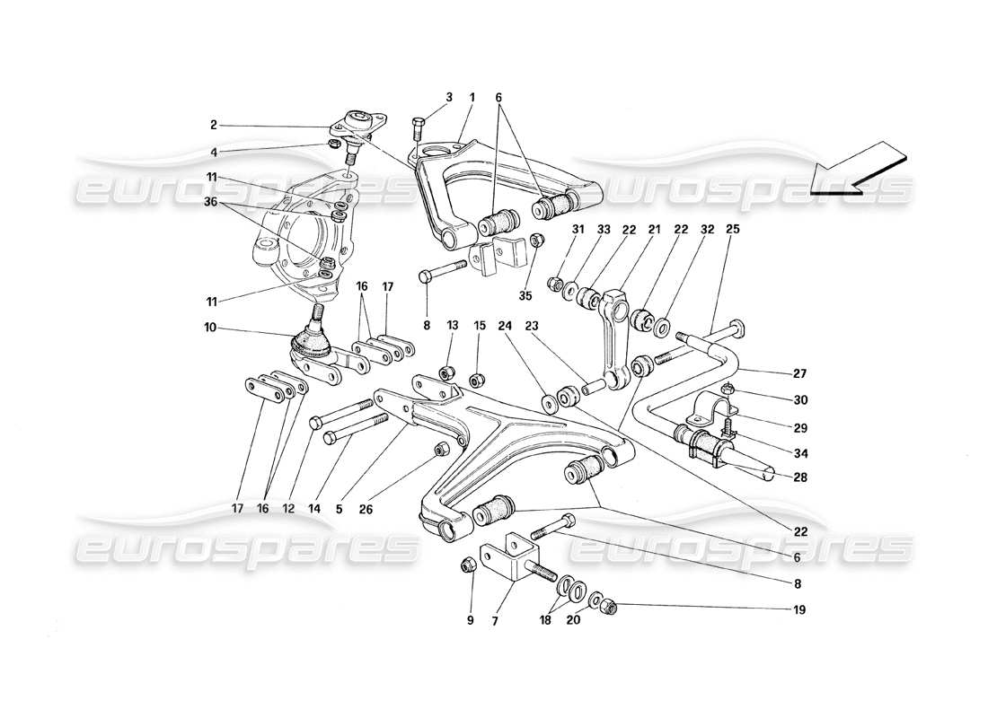 Ferrari 348 (1993) TB / TS Front Suspension - Wishbones Parts Diagram