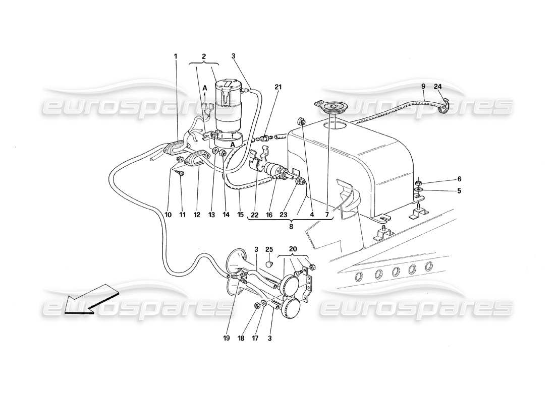Ferrari 348 (1993) TB / TS Glass Washer and Horns Parts Diagram