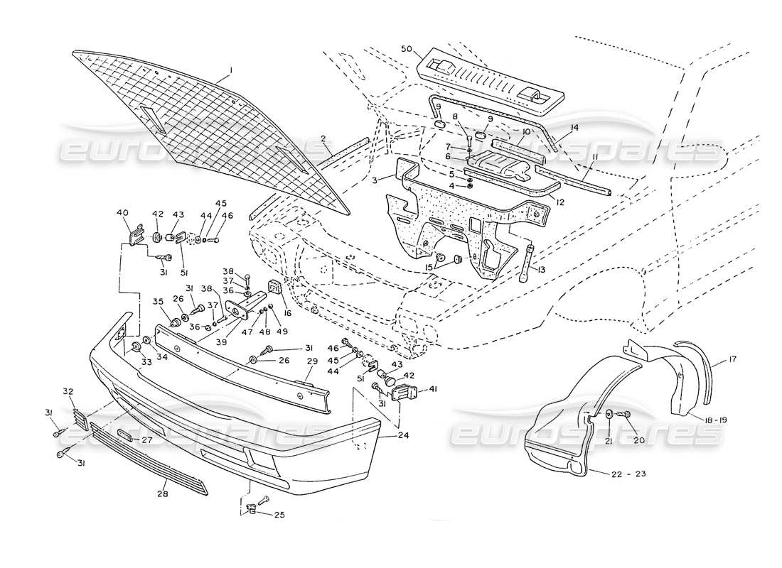 Maserati Ghibli 2.8 (Non ABS) Front Bumper and Hood Internal Trimming Parts Diagram