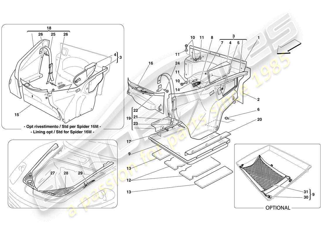 Ferrari F430 Scuderia Spider 16M (RHD) FRONT COMPARTMENT TRIM Part Diagram