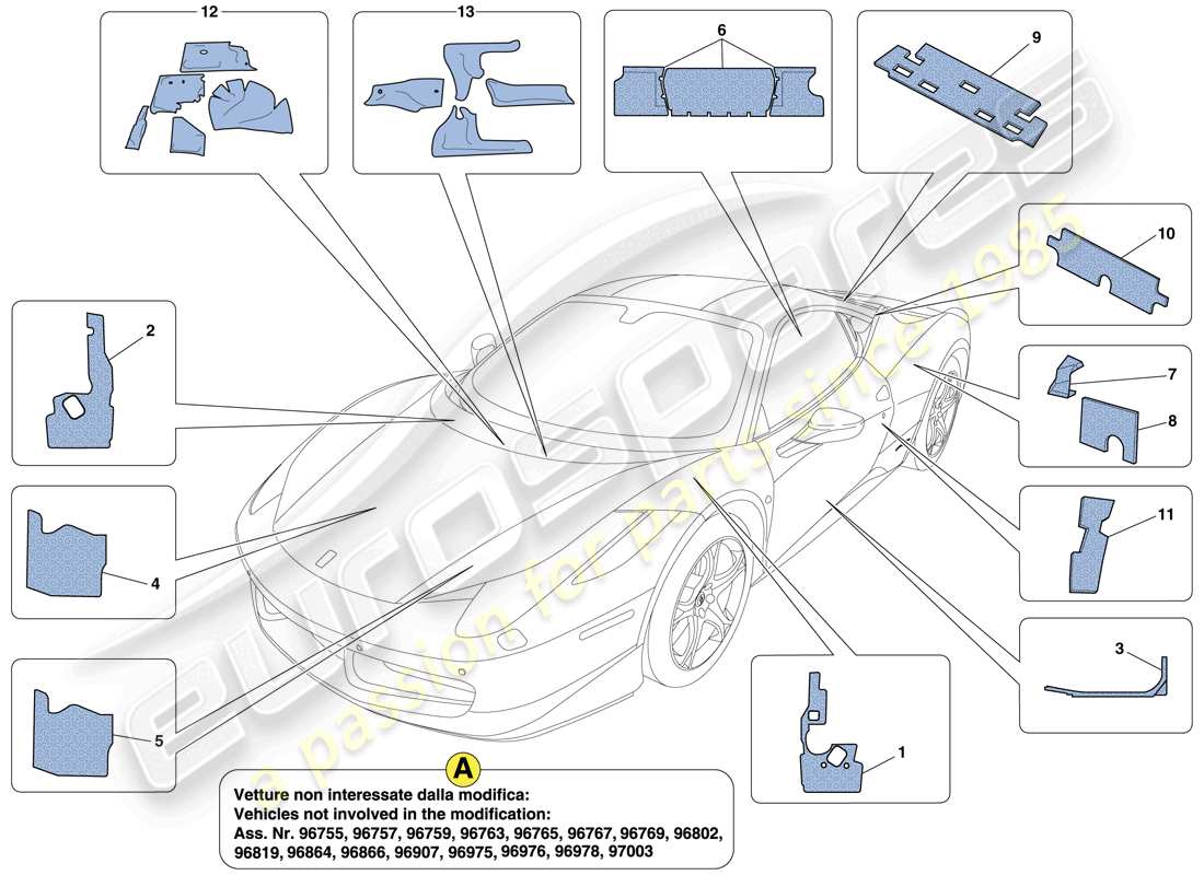 Ferrari 458 Italia (RHD) Insulation Part Diagram