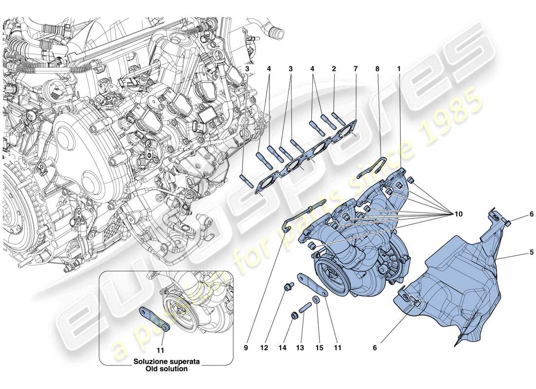 Ferrari California T (Europe) MANIFOLDS, TURBOCHARGING SYSTEM AND PIPES Parts Diagram