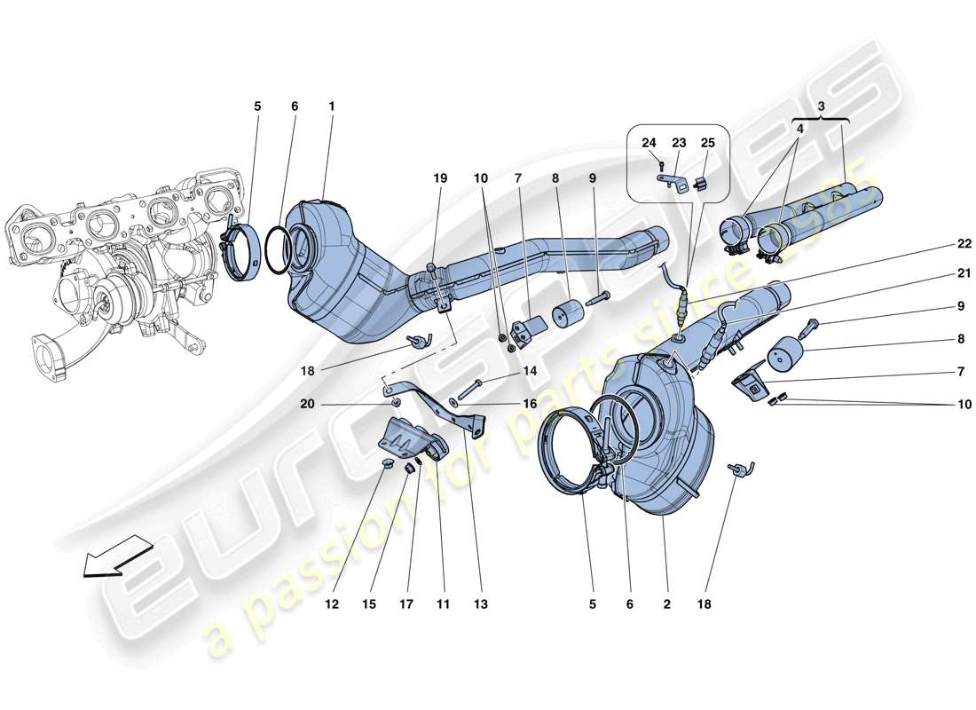 Ferrari California T (Europe) pre-catalytic converters and catalytic converters Parts Diagram