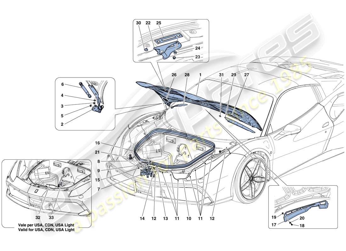 Ferrari 488 Spider (USA) FRONT LID AND OPENING MECHANISM Parts Diagram