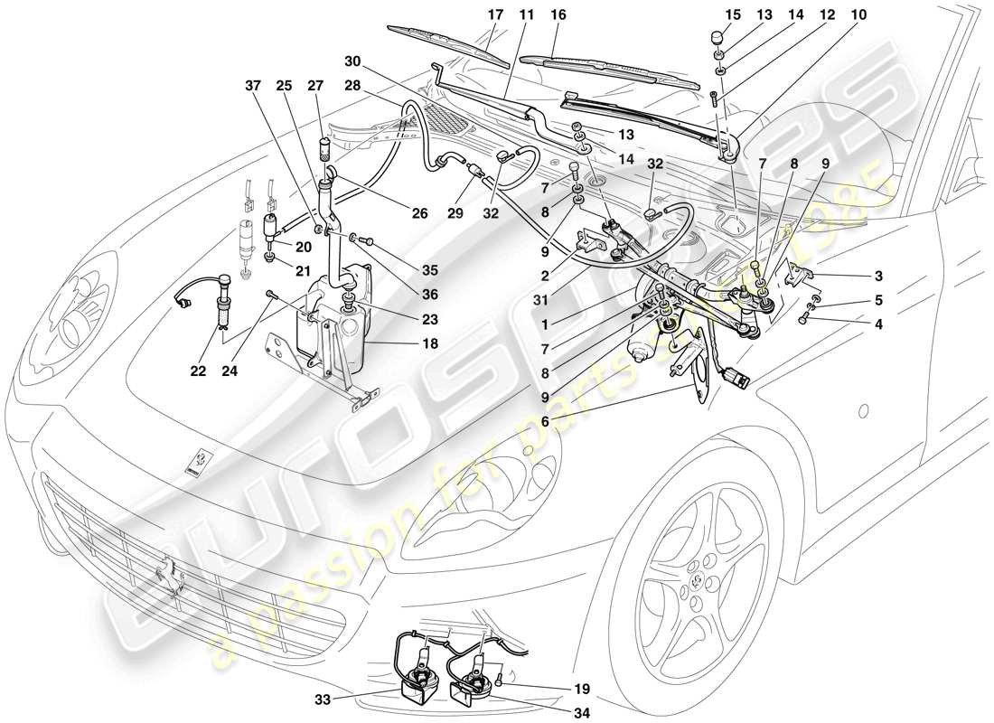 Ferrari 612 Sessanta (USA) Windscreen Wiper, Windscreen Washer and Horns Parts Diagram