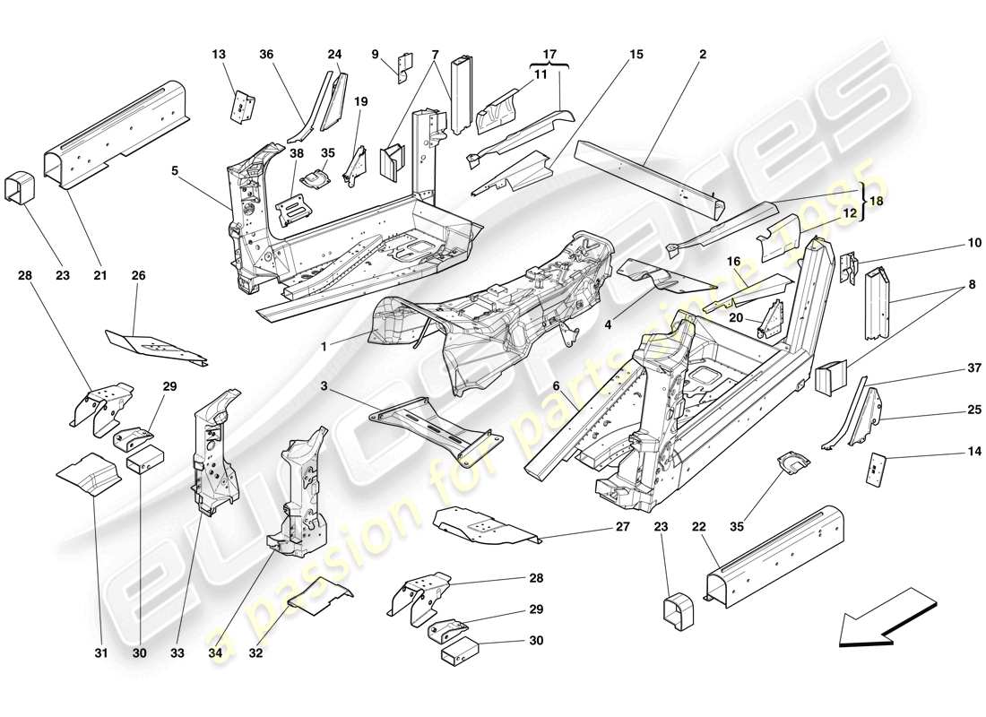 Ferrari 599 GTO (RHD) STRUCTURES AND ELEMENTS, CENTRE OF VEHICLE Part Diagram