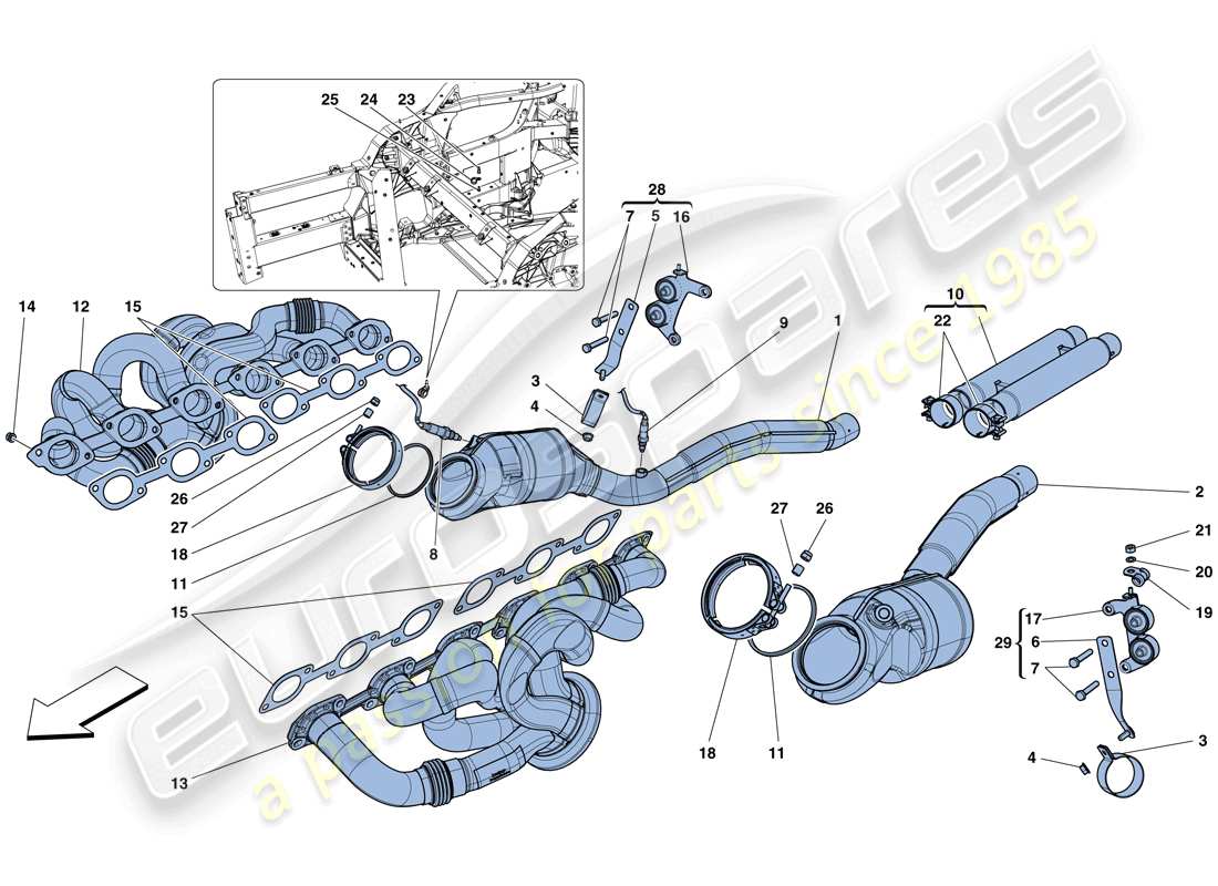 Ferrari F12 Berlinetta (RHD) pre-catalytic converters and catalytic converters Parts Diagram