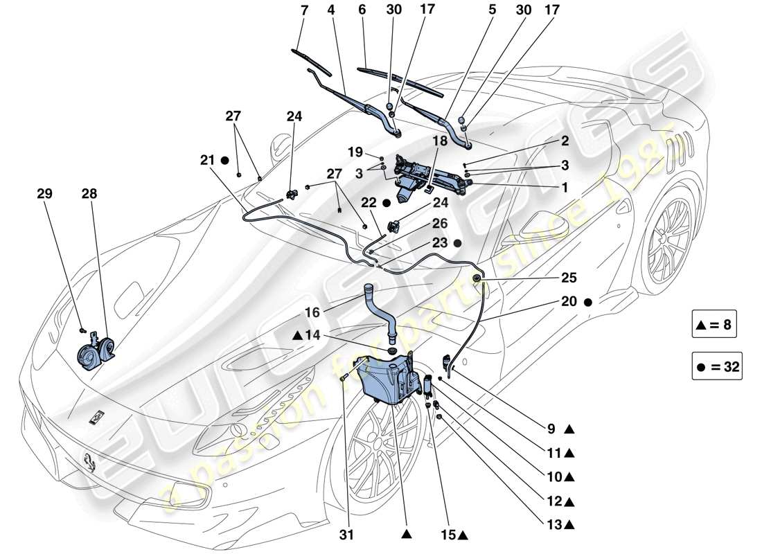 Ferrari F12 TDF (Europe) Windscreen Wiper, Windscreen Washer and Horns Parts Diagram