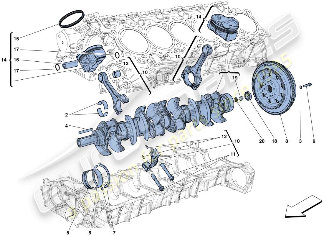 Ferrari F12 TDF (RHD) crankshaft - connecting rods and pistons Parts Diagram