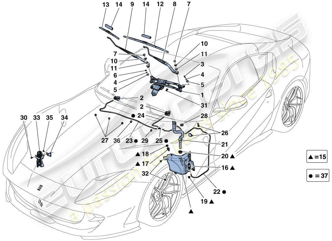 Ferrari 812 Superfast (Europe) Windscreen Wiper, Windscreen Washer and Horns Part Diagram