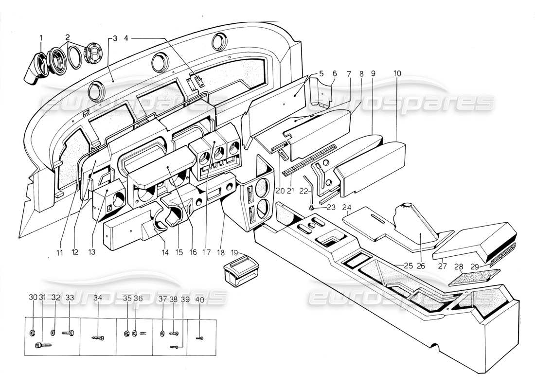 Lamborghini Jalpa 3.5 (1984) Dashboard and Tunnel Parts Diagram
