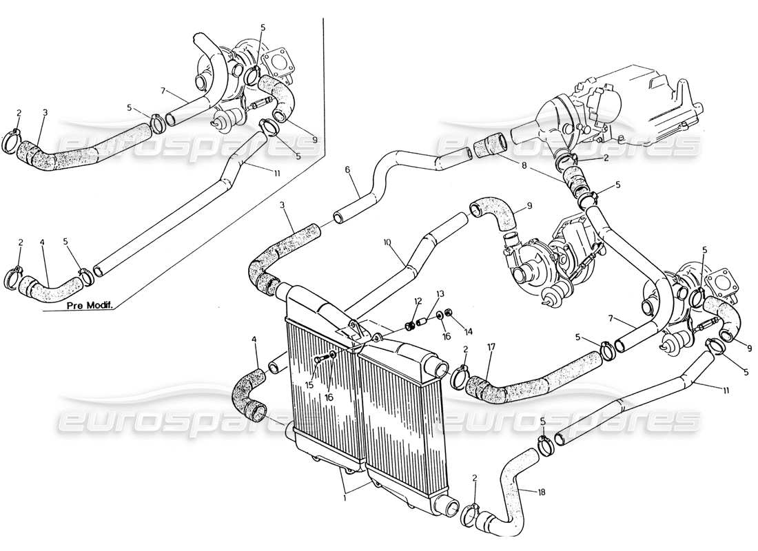 Maserati 222 / 222E Biturbo Heal Exchanger - Pipes Part Diagram