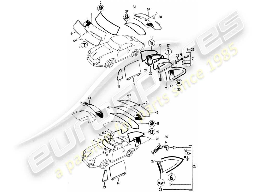 Porsche 356B/356C (1964) WINDOW GLAZING Part Diagram