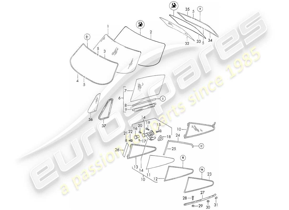 Porsche 911 (1972) WINDOW GLAZING Part Diagram