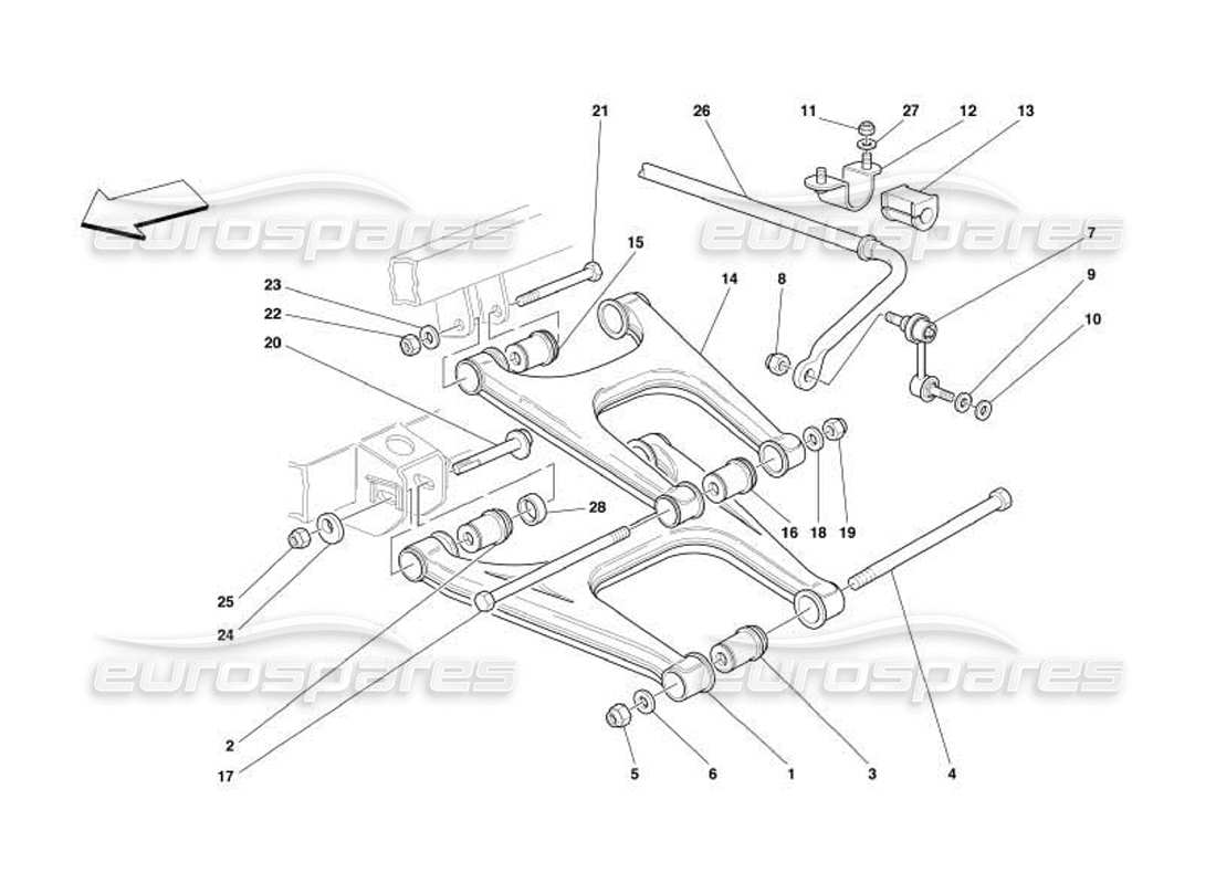 Ferrari 550 Barchetta Rear Suspension - Wishbones and Stabilizer Bar Parts Diagram