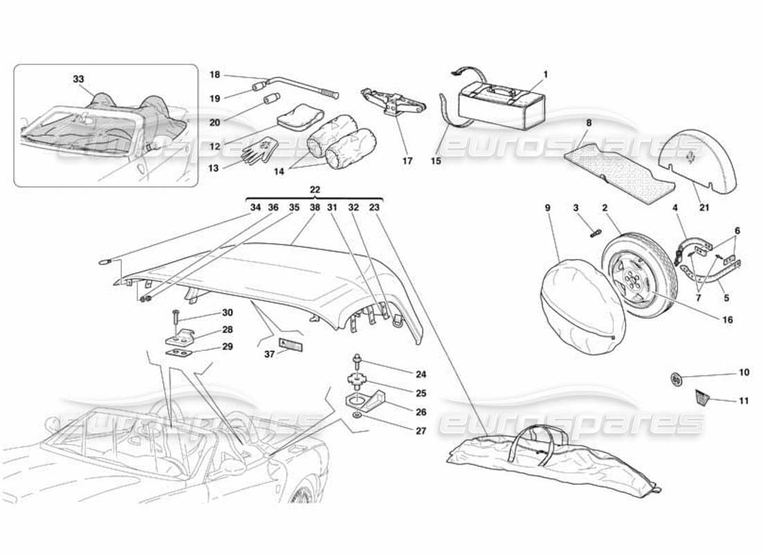 Ferrari 550 Barchetta Capote - Spare Wheel -Tool Kit Bag and Accessories Parts Diagram