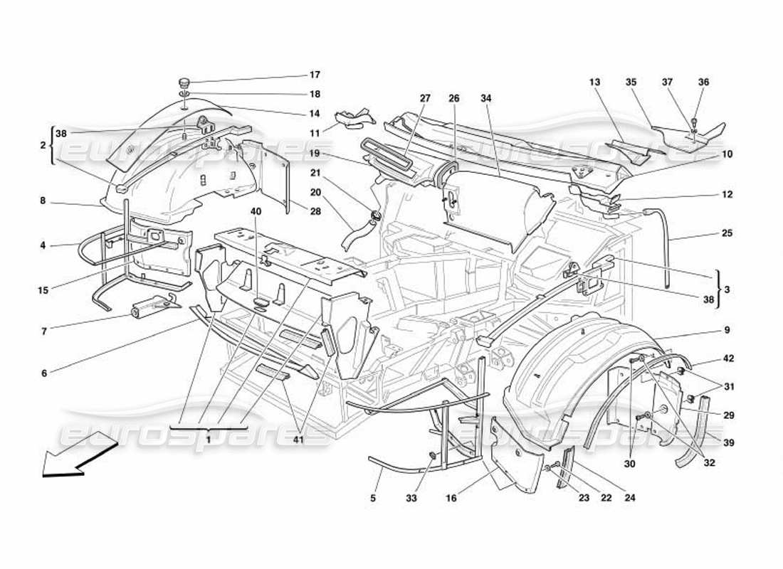 Ferrari 550 Barchetta Front Structures and Components Parts Diagram