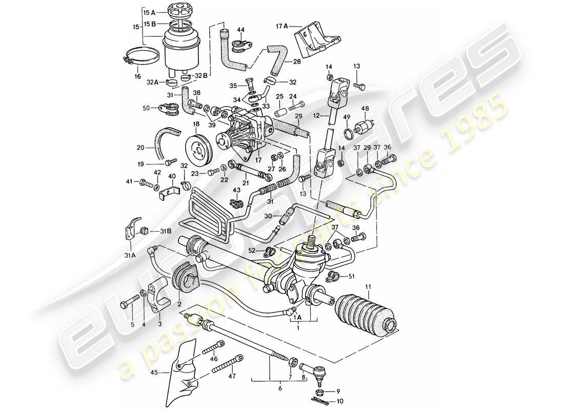 Porsche 944 (1986) power steering - steering gear - power steering pump - lines Part Diagram