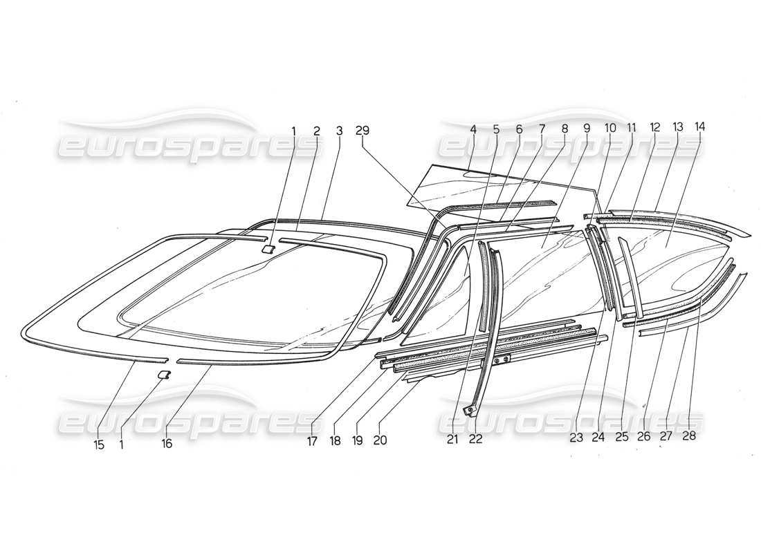 Lamborghini Urraco P300 Windshield & Glasses Parts Diagram