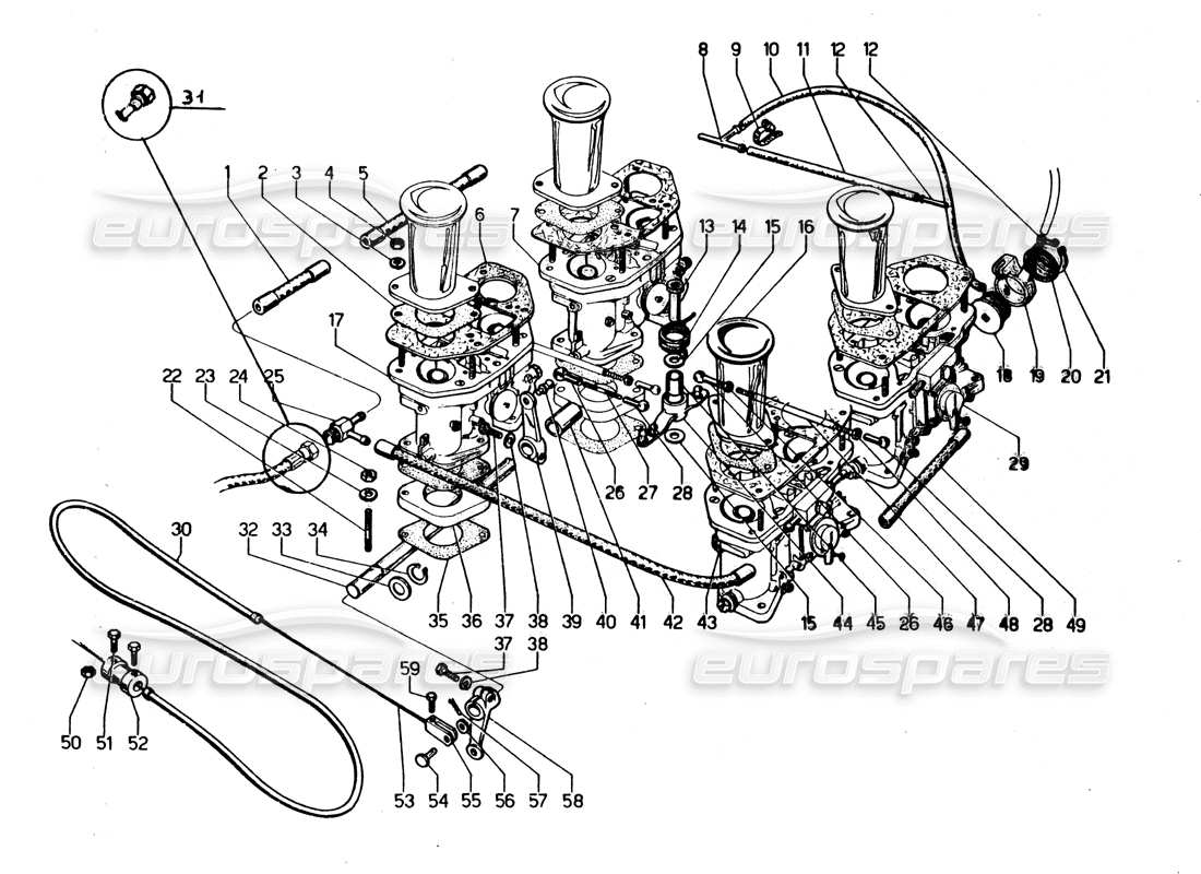 Lamborghini Urraco P250 / P250S fuel system (carburetors) Parts Diagram