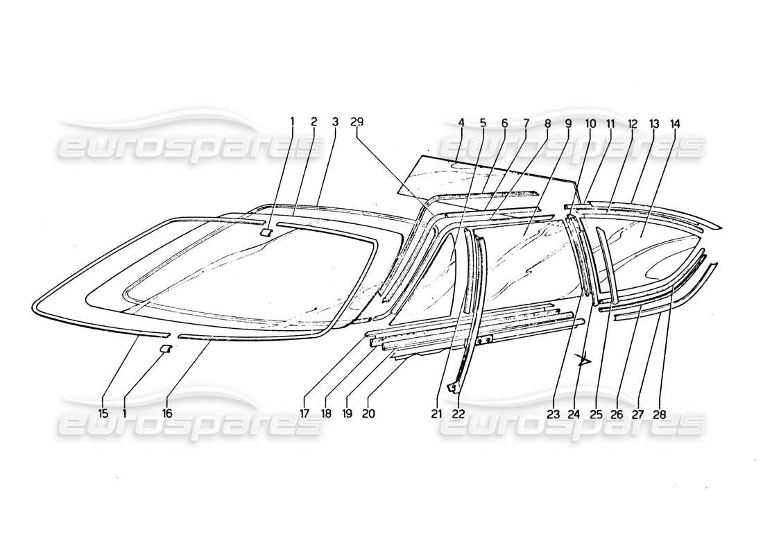 Lamborghini Urraco P250 / P250S Glasses, windscreens and side glasses Parts Diagram